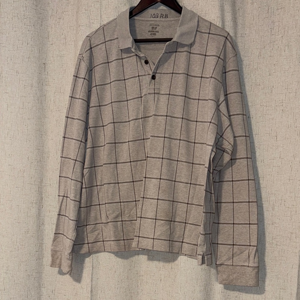 George Men's Long Sleeve Polo Washed Stone Heather Gray with Check Pattern